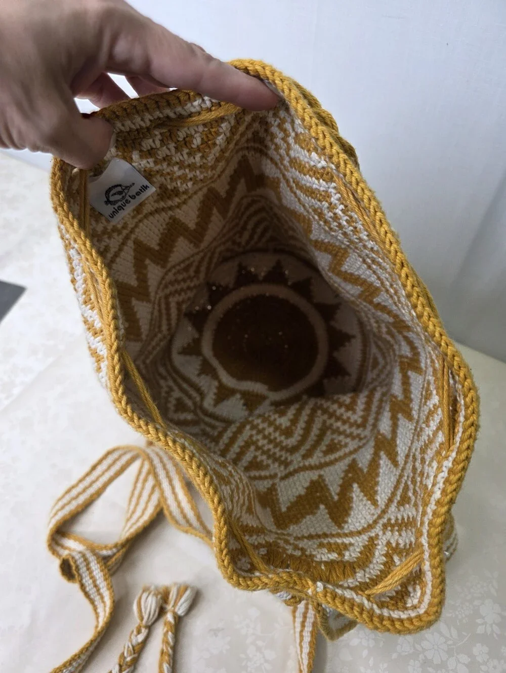 Unique Batik Guatemala Crocheted Drawstring Backpack Mustard Yellow Boho Bucket